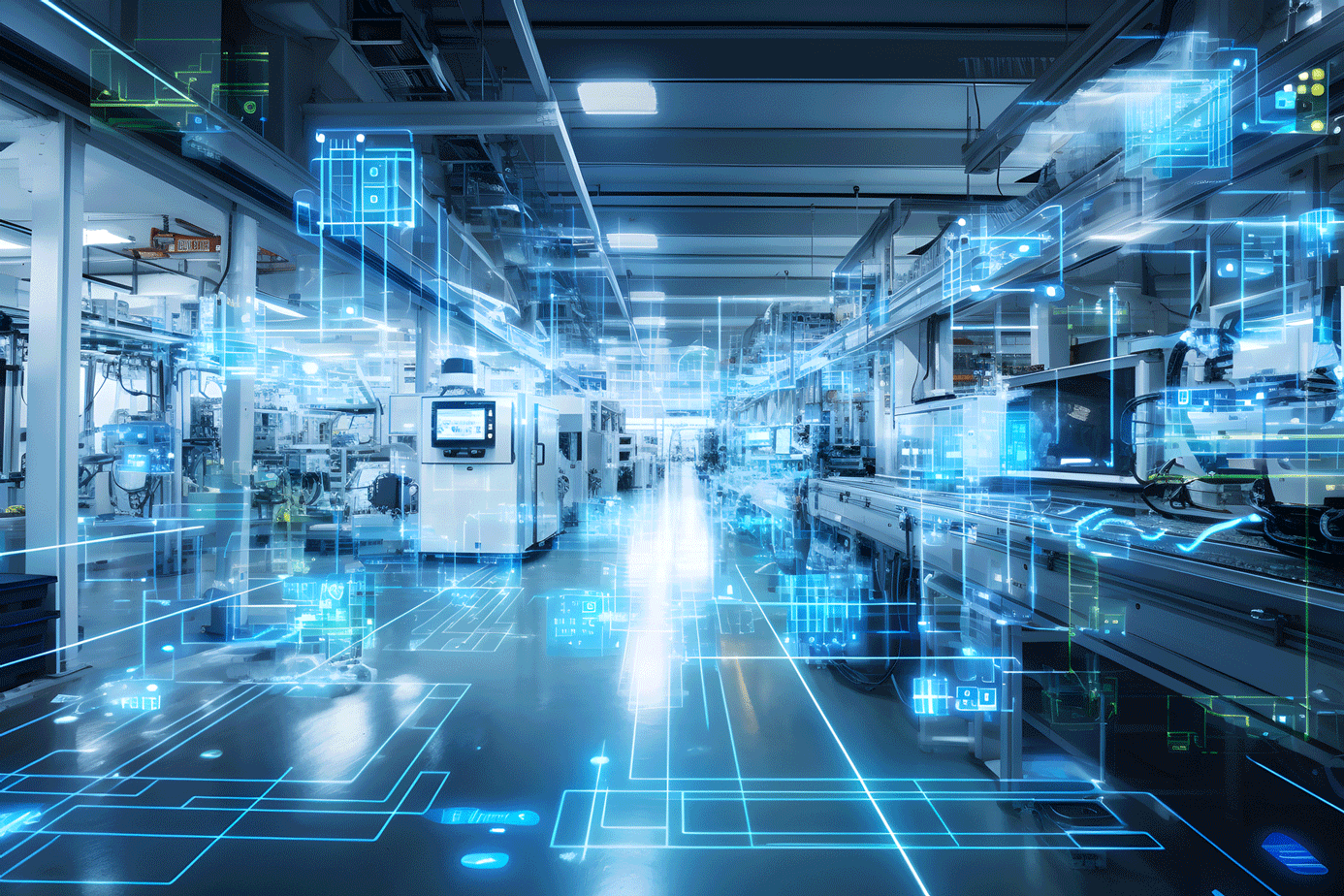 Hightech-Fertigungsstraße mit digitalen Overlays – intelligente Produktion und Vernetzung in der Industrie 4.0.